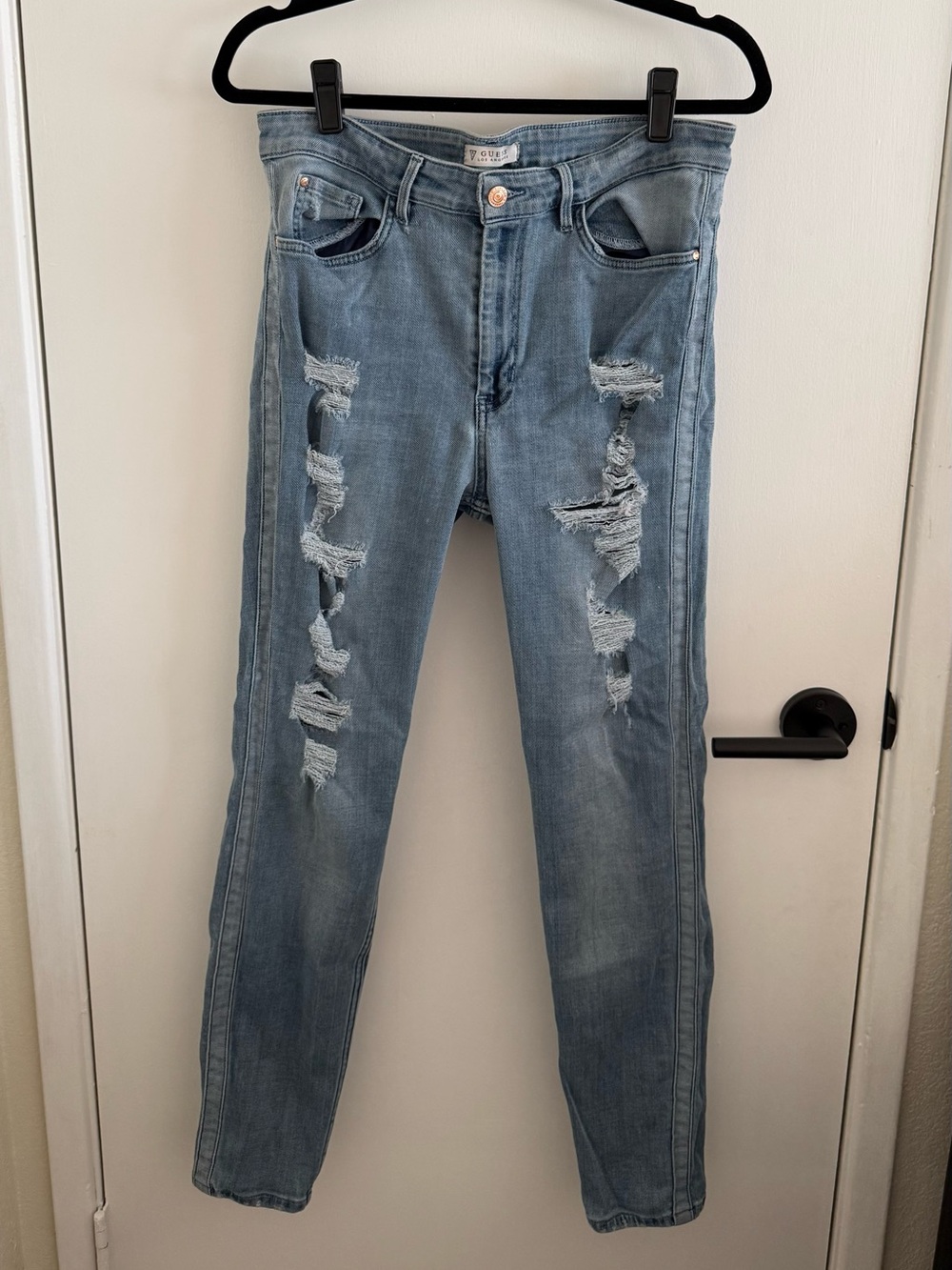 GUESS Destroyed High Waist Light Wash Skinny Jeans with Tuxedo Side Stripe